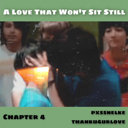 a picture of predebut lee jihoon and choi seungcheol kissing, framed by a green background with the text "a love that won't sit still chapter 4 thanku4urlove pxssnelke"